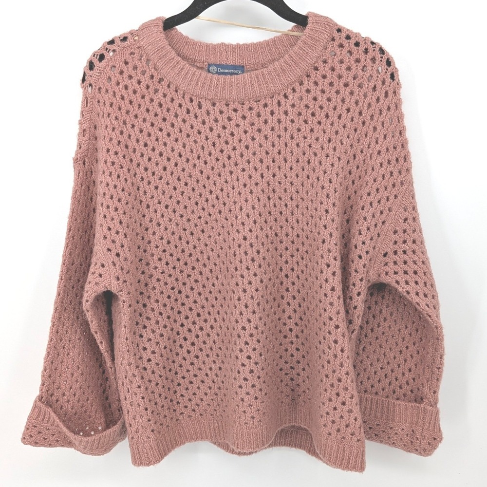 Democracy Crochet Open Knit Sweater Womens Medium Pink Mauve Soft Boho Spring